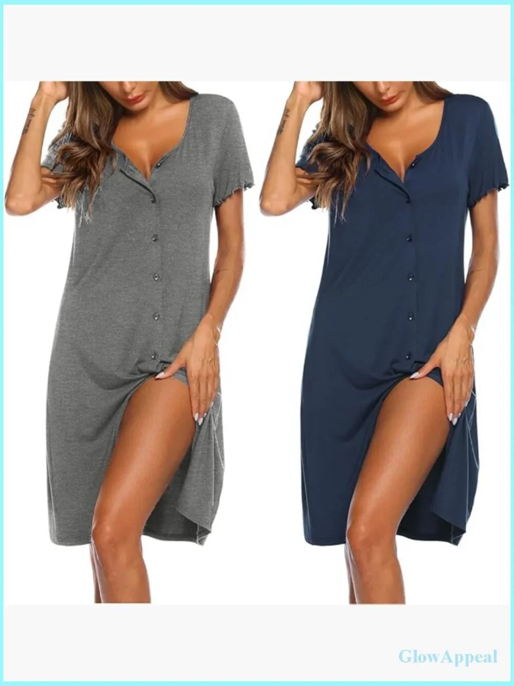 Large 2-Pack Nightgowns, Button Front, V-Neck, Short Sleeve Sleepwear